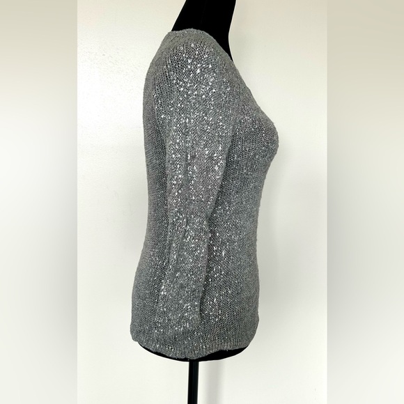 EILEEN FISHER Grey Linen Scoopneck Top 3/4 Sleeves with Silver Speckles - XS - Picture 3 of 5